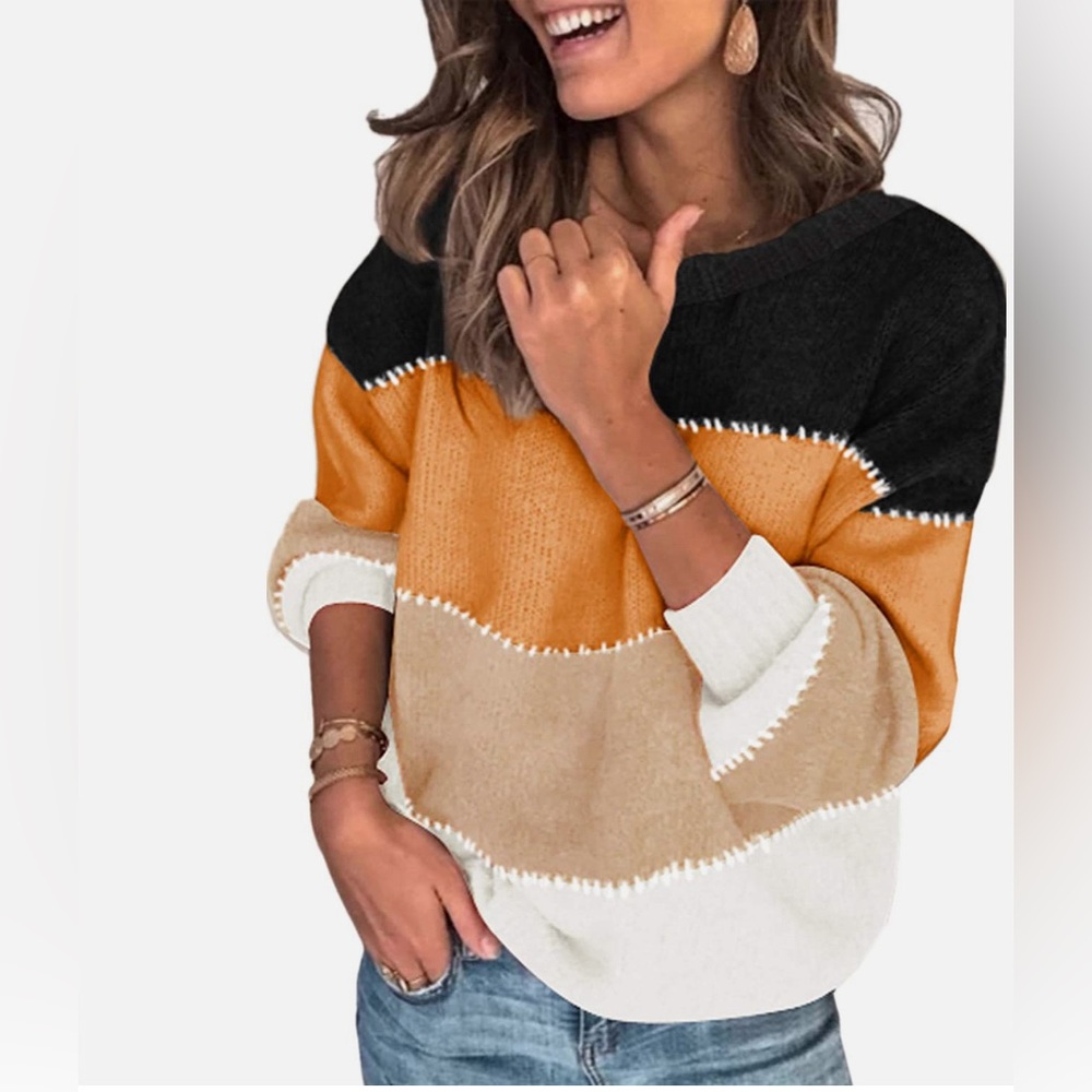 Crew neck lightweight knit drop shoulder color block pullover sweater